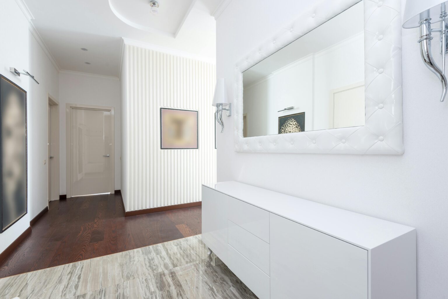 Luxurious minimalist hallway with modern furniture and bright decor.